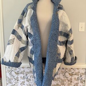 Blue and White Handmade Quilted Women's Coat XXL